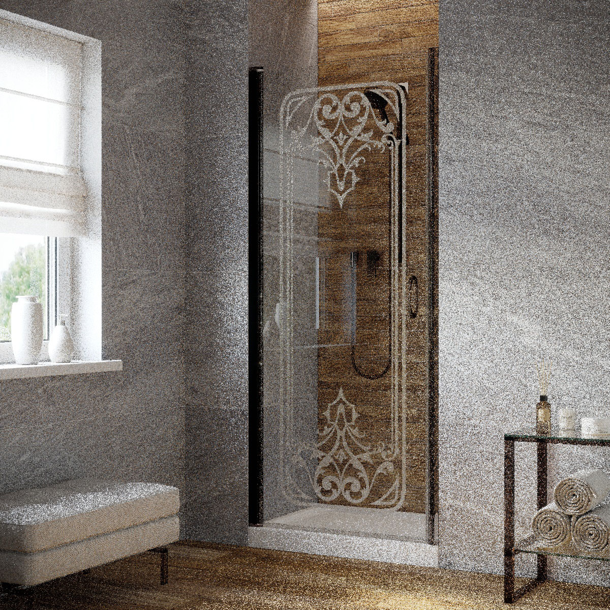 Душевая дверь в нишу Vegas Glass EP LUX 85 05 ARTDECO D1 L, профиль бронза, стекло прозрачное, рисунок сатин