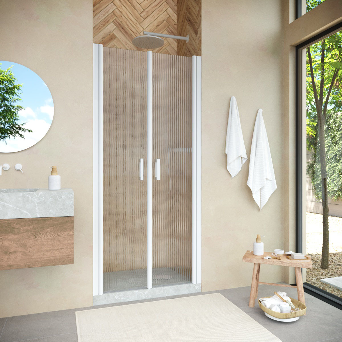 Душевая дверь в нишу Vegas Glass  E2P NOVO h2000 90 01 Moru, профиль белый, стекло Moru