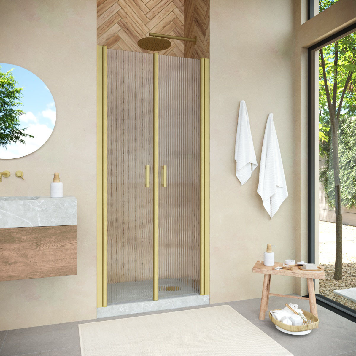 Душевая дверь в нишу Vegas Glass  E2P NOVO h2000 120 03 Moru, профиль золото матовое, стекло Moru