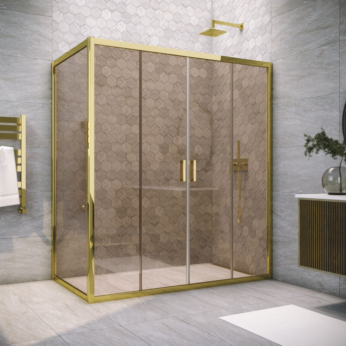 Душевой уголок Vegas Glass Z2P+ZPV TUR NOVO h1900 155*85 09 05, профиль золото глянцевое, стекло бронза