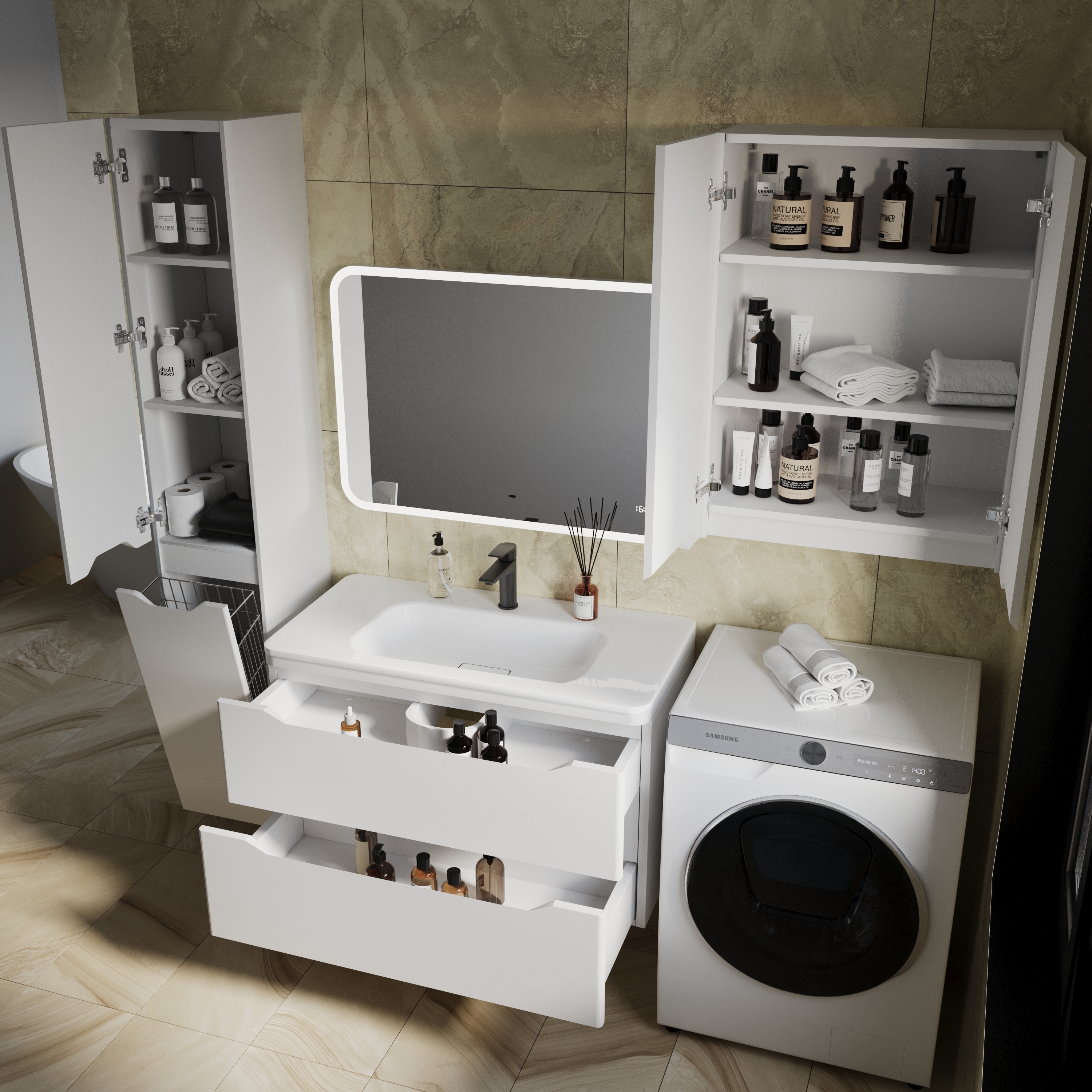 Тумба с раковиной Style Line Марелла 90 2 ящика Люкс антискрейтч белая матовый, Plus подвесная