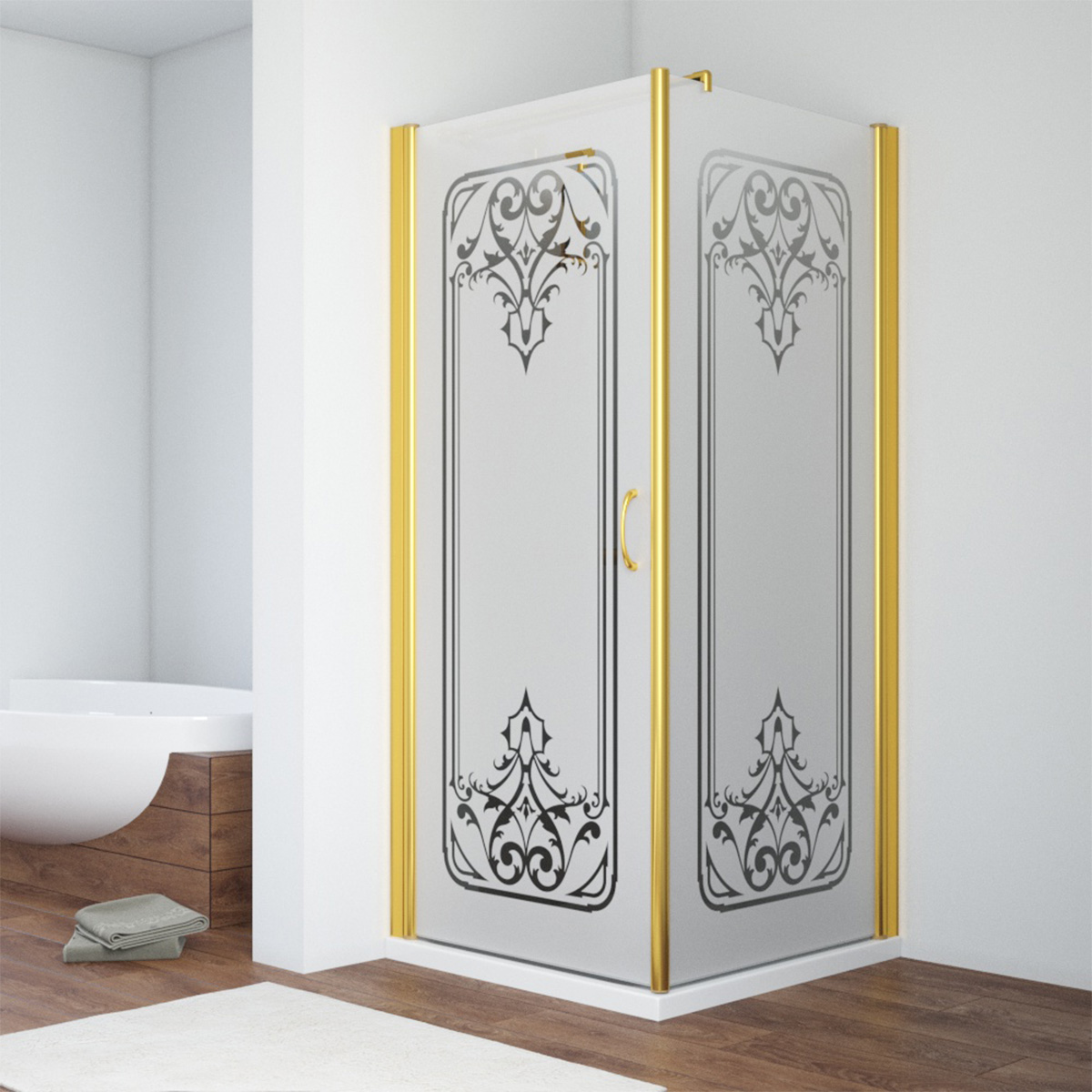 Душевой уголок Vegas Glass EP-Fis 80*90 09 ARTDECO D1 L, профиль золото глянцевое, стекло сатин, рисунок прозрачный