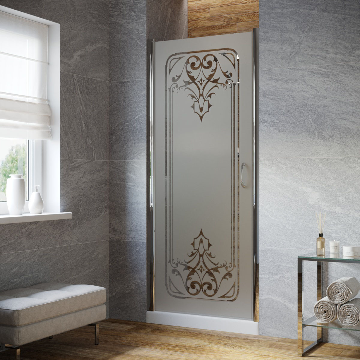 Душевая дверь в нишу Vegas Glass EP LUX 85 08 ARTDECO D2 L, профиль глянцевый хром, стекло сатин, рисунок прозрачный