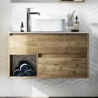 Тумба с раковиной Stworki Карлстад 90 дуб рустикальный, простоун беж, с отверстием для смесителя в столешнице