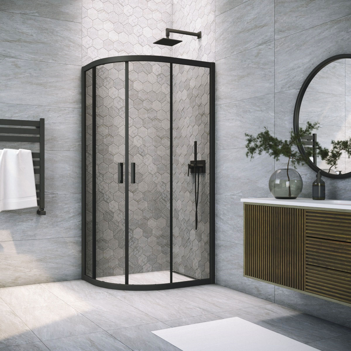 Душевой уголок Vegas Glass ZS-F NOVO 100*90 02М 07, профиль черный матовый, стекло графит