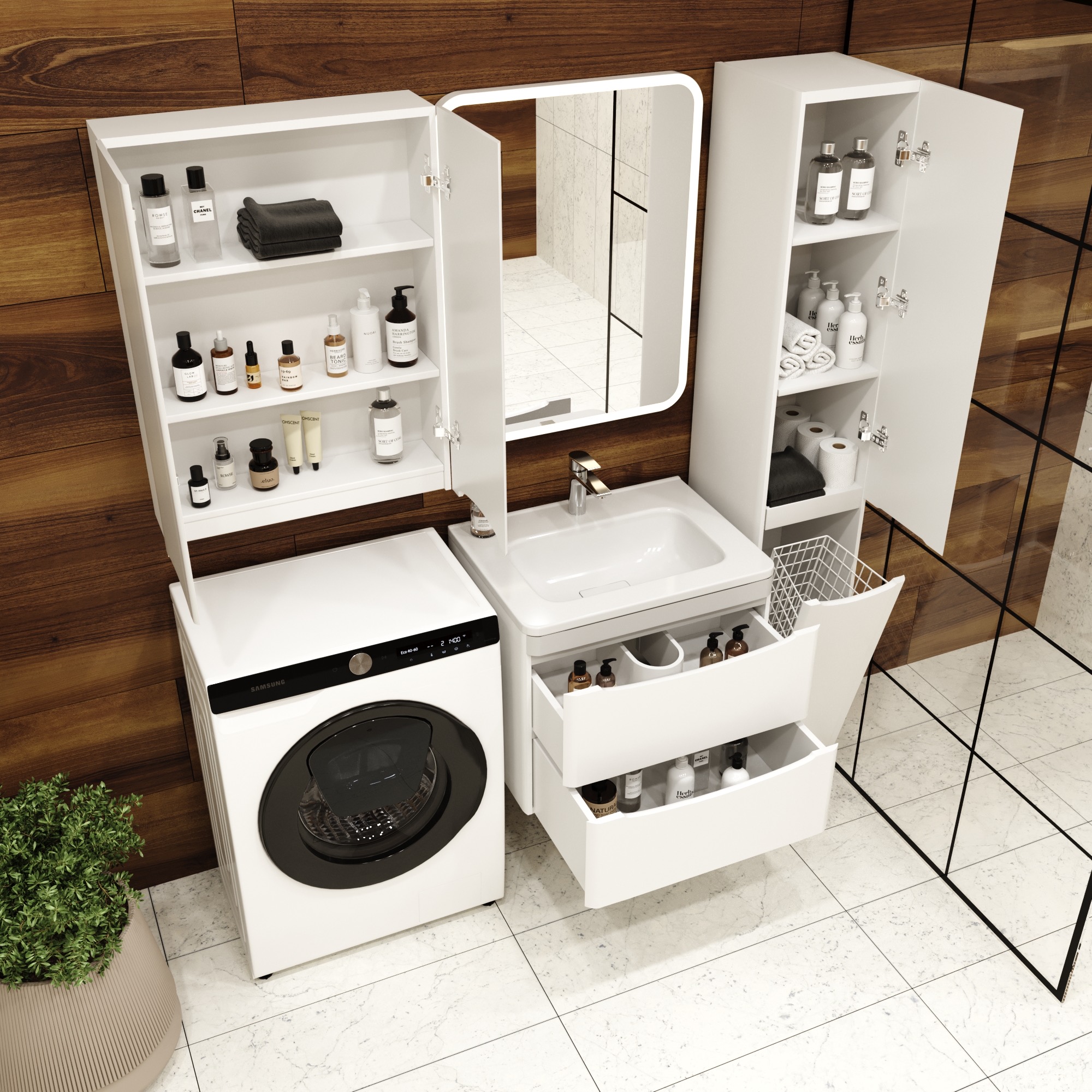 Тумба с раковиной Style Line Бергамо мини 60 2 ящика Люкс антискрейтч белая, Plus подвесная