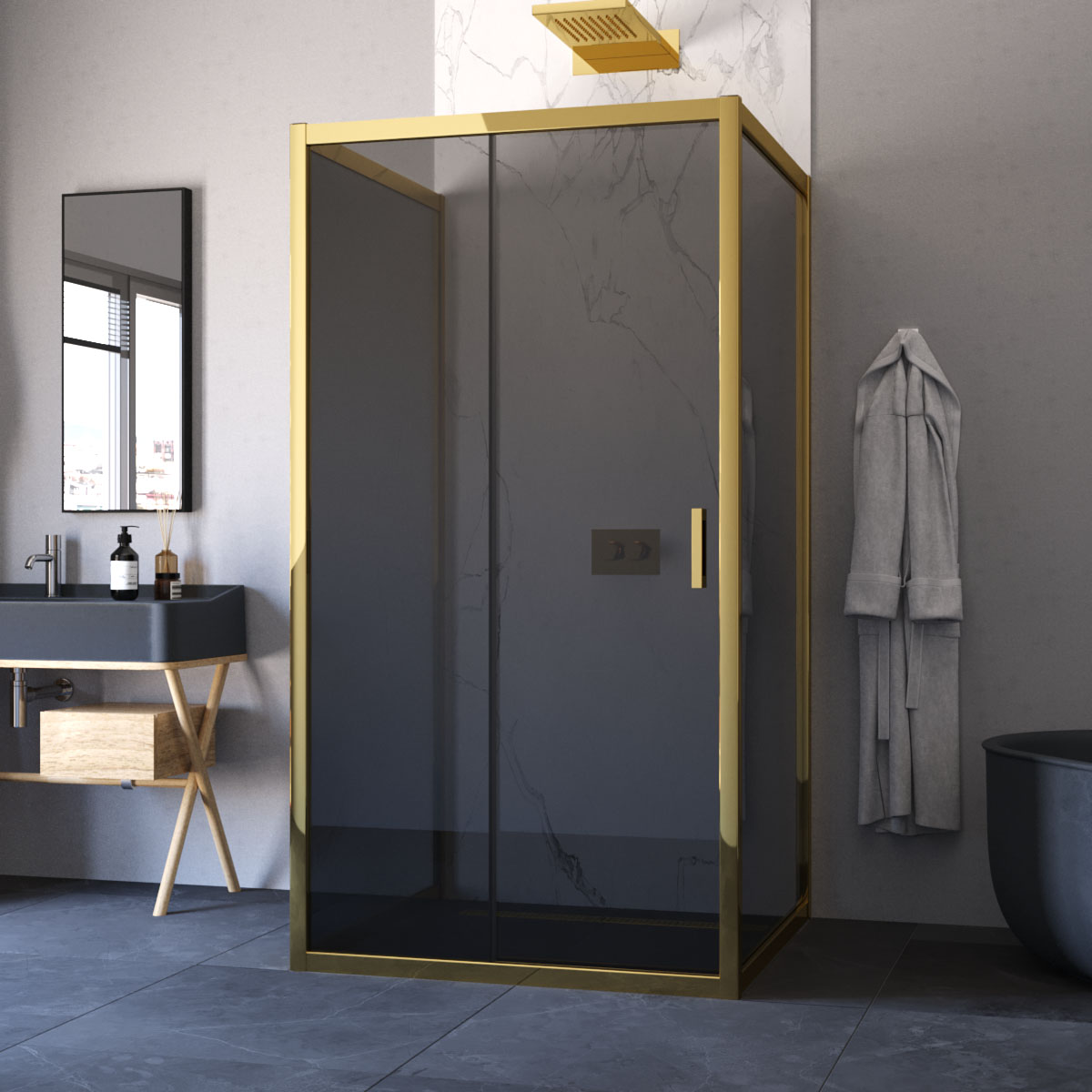 Душевой уголок Vegas Glass ZP-U TUR NOVO h1900 120*90 09 07, профиль золото глянцевое, стекло графит