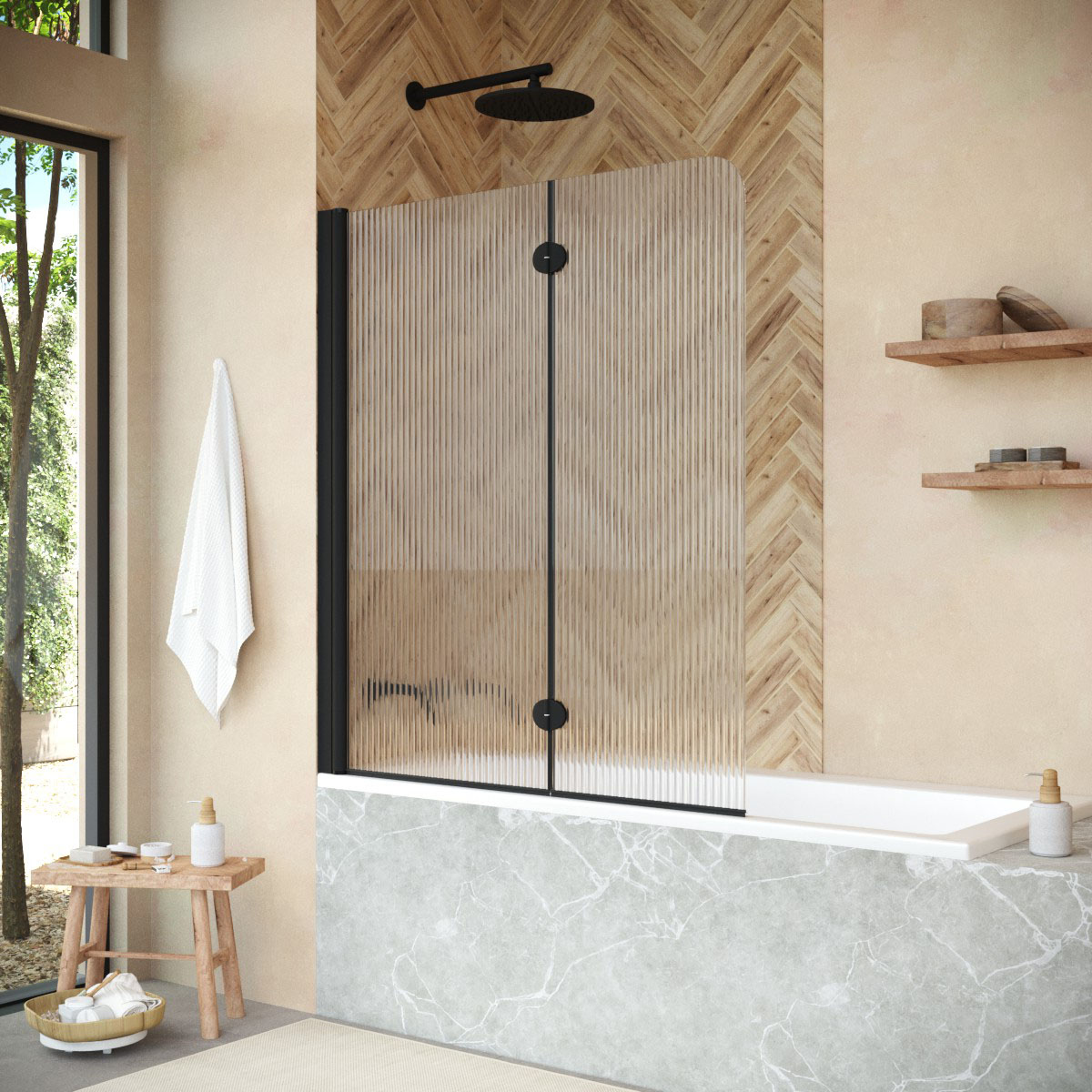 Шторка на ванну Vegas Glass  E2V NOVO 120 02М Moru L, профиль черный матовый, стекло Moru