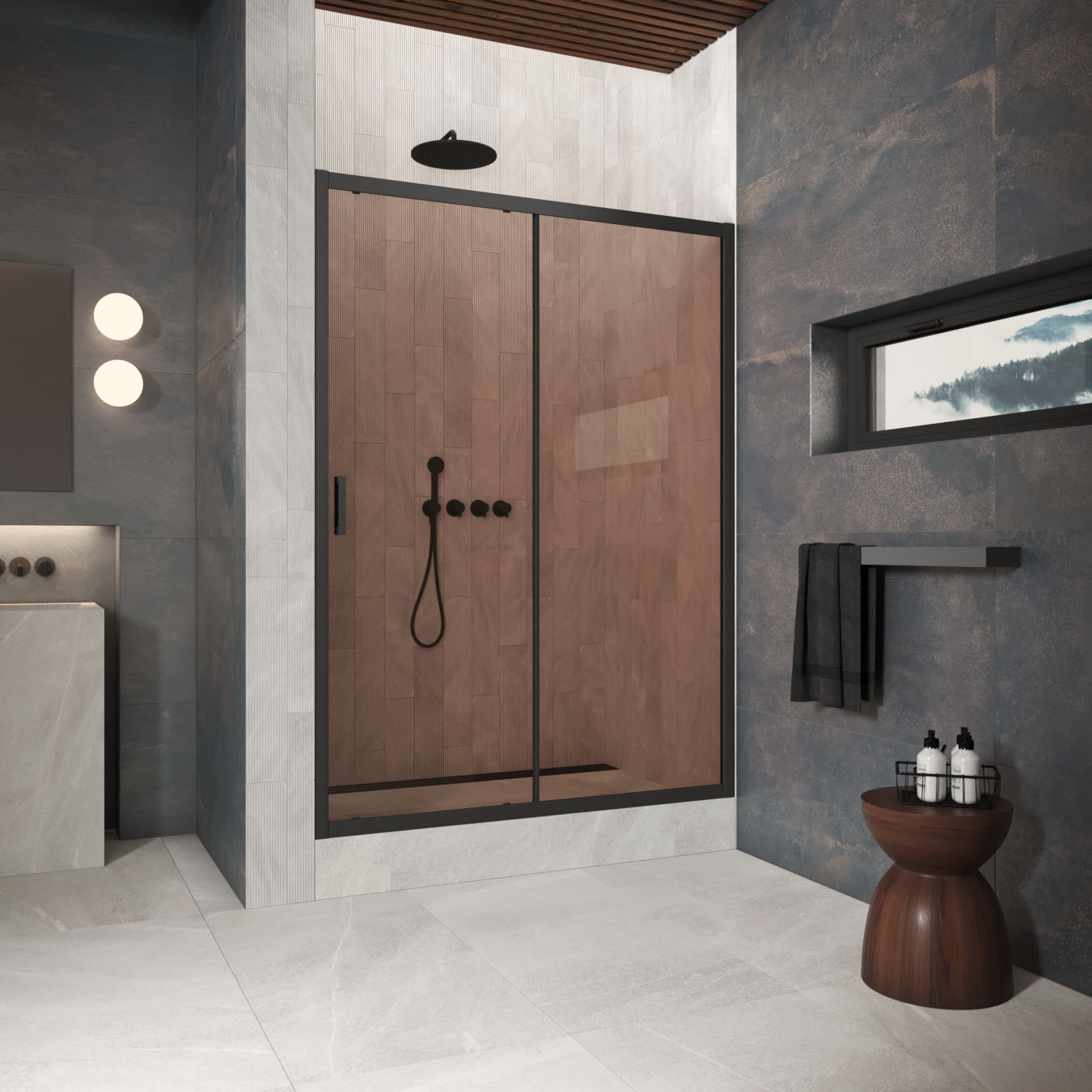 Душевая дверь в нишу Vegas Glass  ZP Protec h1900 150 02М 05, профиль черный матовый, стекло бронза