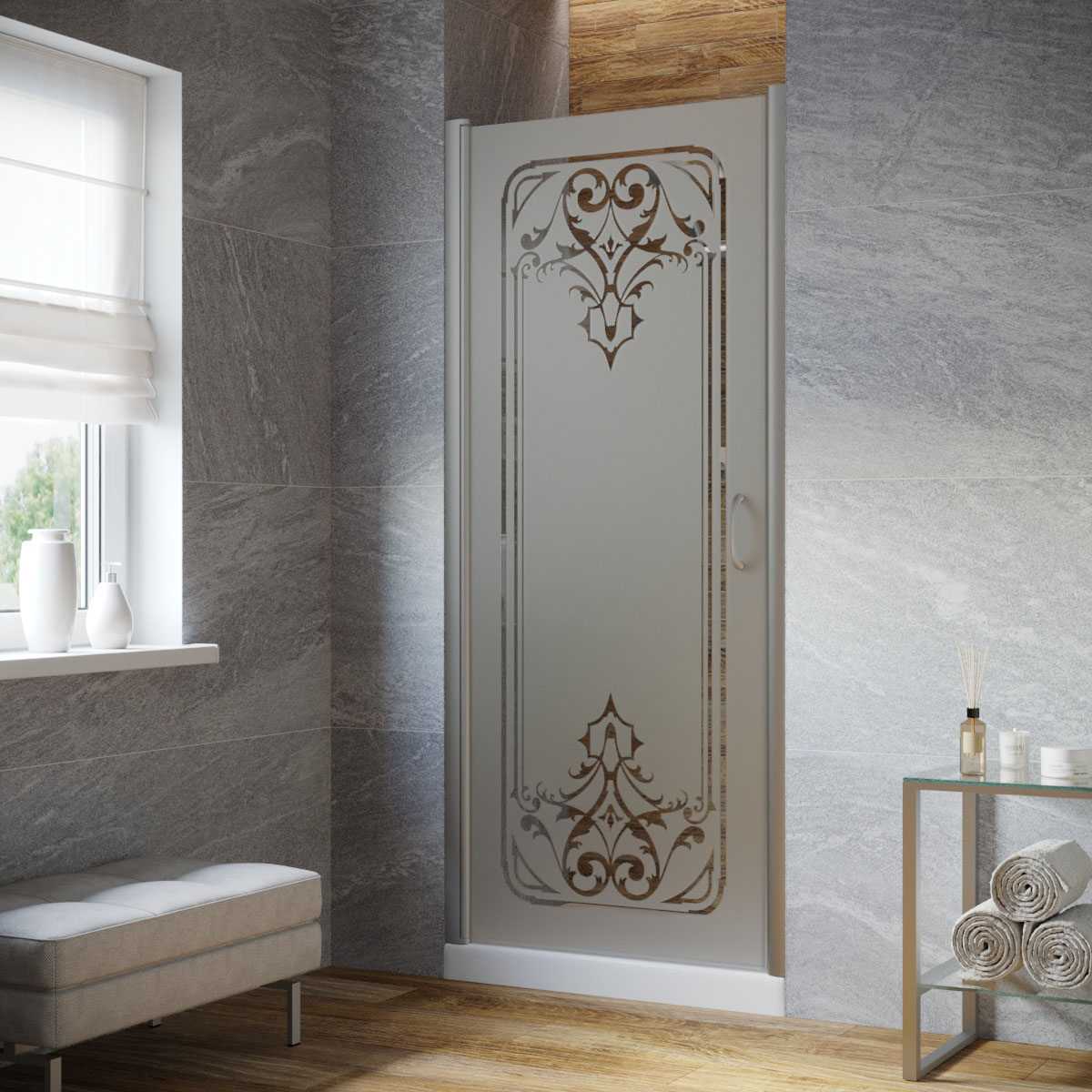 Душевая дверь в нишу Vegas Glass EP LUX 85 07 ARTDECO D2 L, профиль матовый хром, стекло сатин, рисунок прозрачный