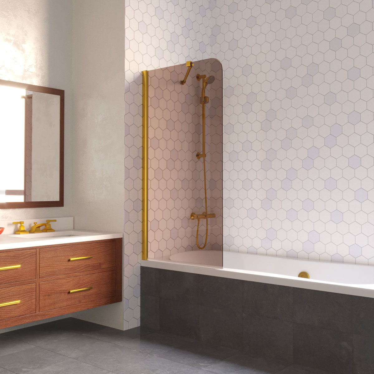 Шторка на ванну Vegas Glass EV LUX ST 76 09 05 L, профиль золото глянцевое, стекло бронза