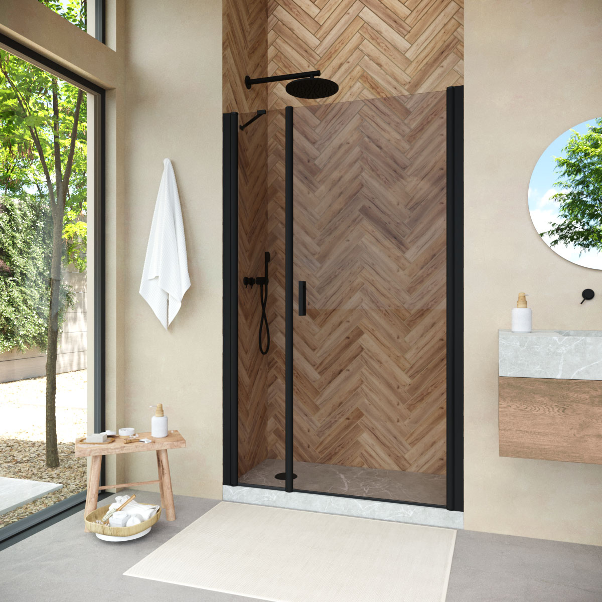 Душевая дверь в нишу Vegas Glass  EP-F-2 NOVO 150 02М 05 R, профиль черный матовый, стекло бронза