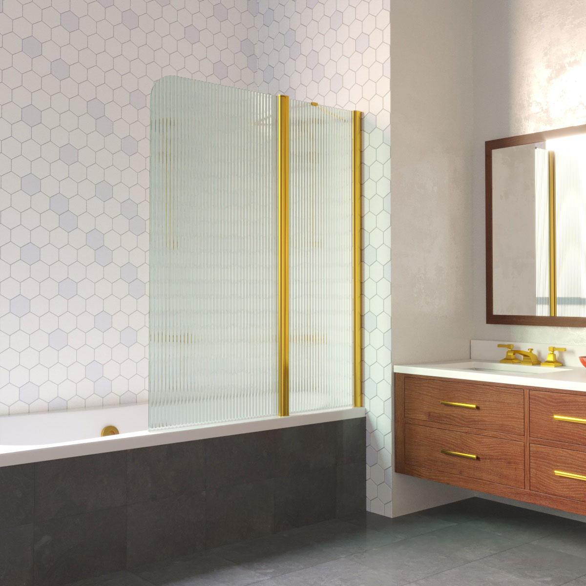 Шторка на ванну Vegas Glass  E2V LUX ST 115 09 Moru R, профиль золото глянцевое, стекло Moru