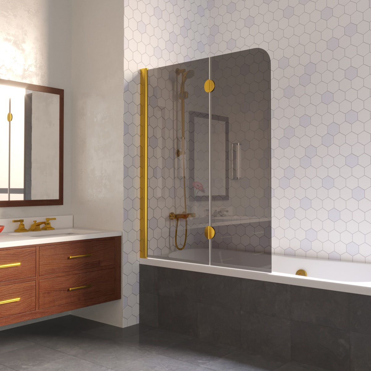 Шторка на ванну Vegas Glass E2V LUX 120 09 07 L, профиль золото глянцевое, стекло графит