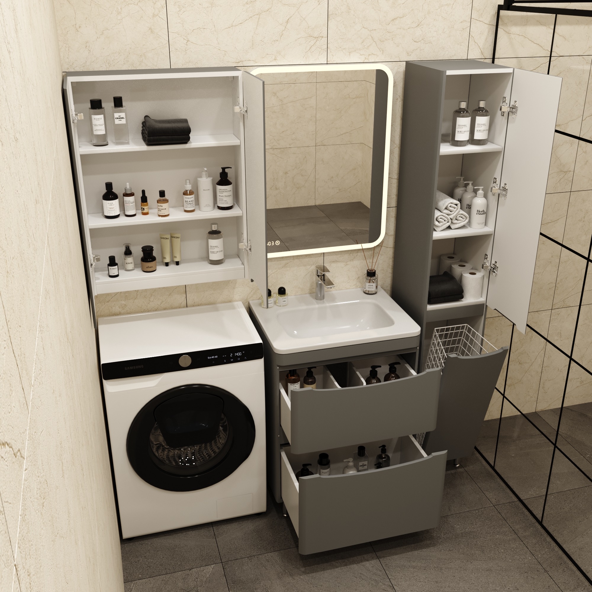 Тумба с раковиной Style Line Бергамо мини 60 2 ящика Люкс антискрейтч серая, Plus напольная