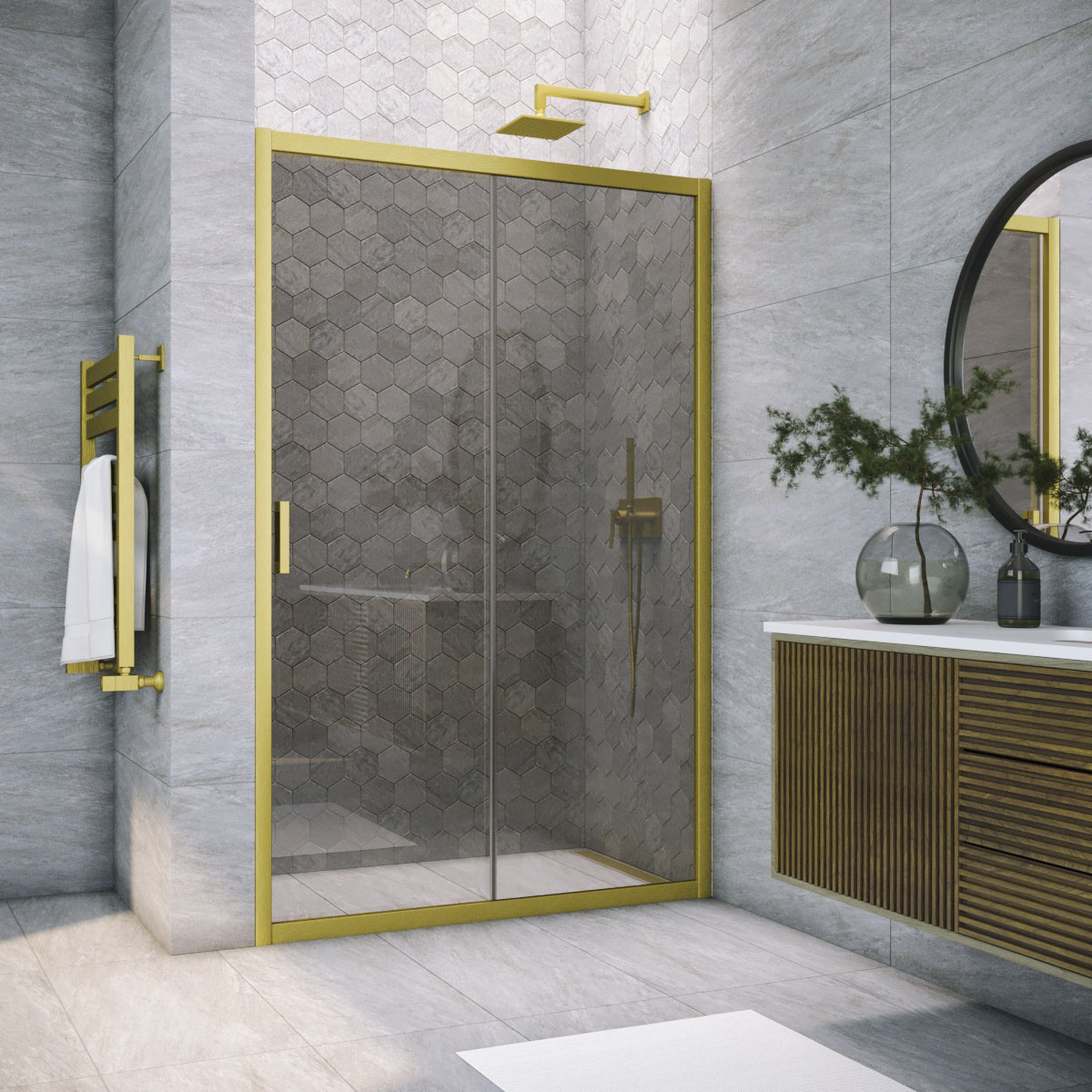 Душевая дверь в нишу Vegas Glass ZP NOVO h2000 130 03 07, профиль золото матовое, стекло графит