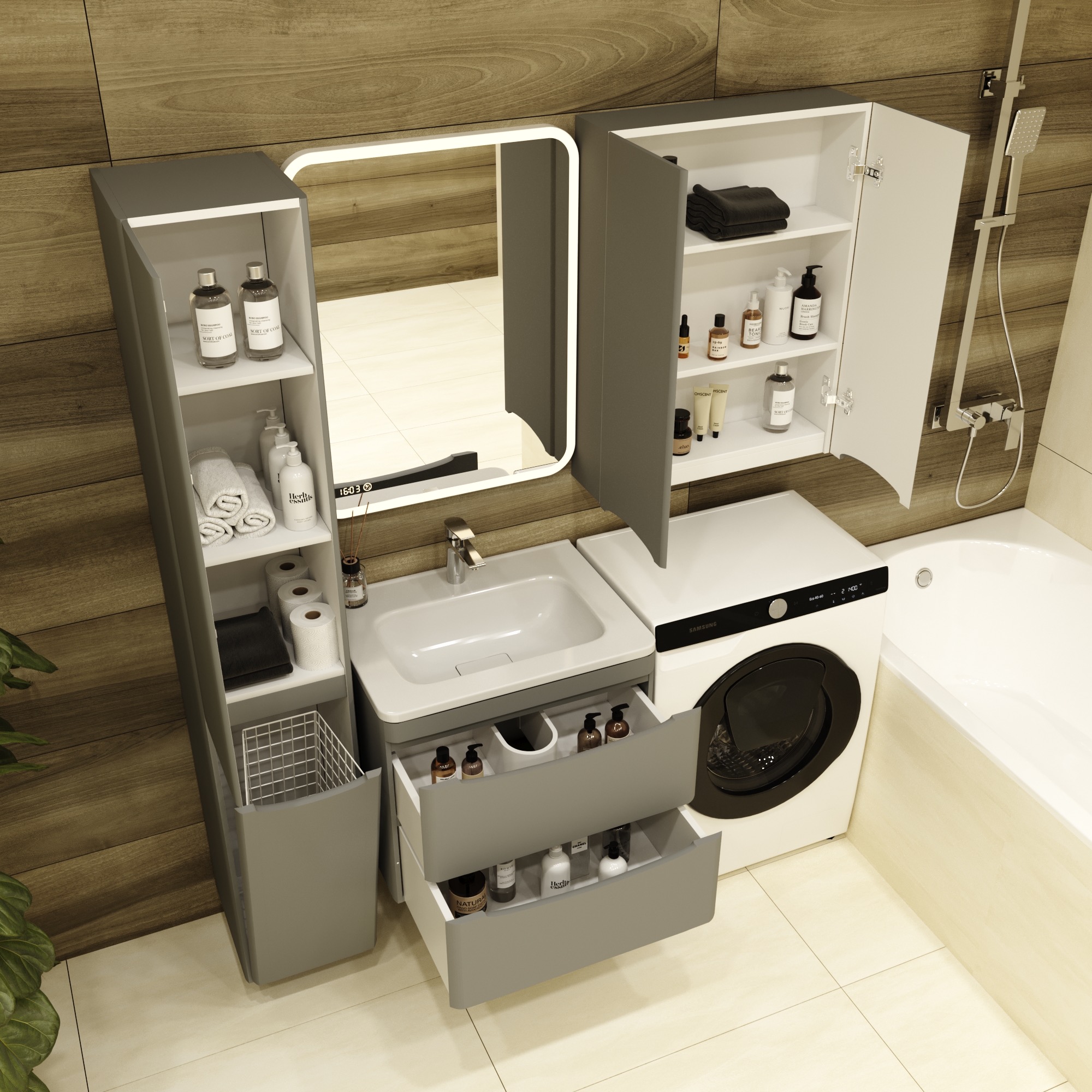 Тумба с раковиной Style Line Бергамо мини 60 2 ящика Люкс антискрейтч серая, Plus подвесная