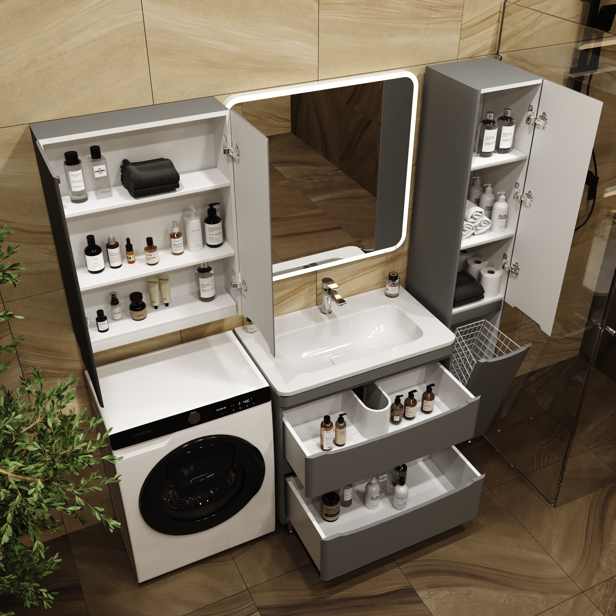 Тумба с раковиной Style Line Бергамо мини 80 2 ящика Люкс антискрейтч серая, Plus напольная