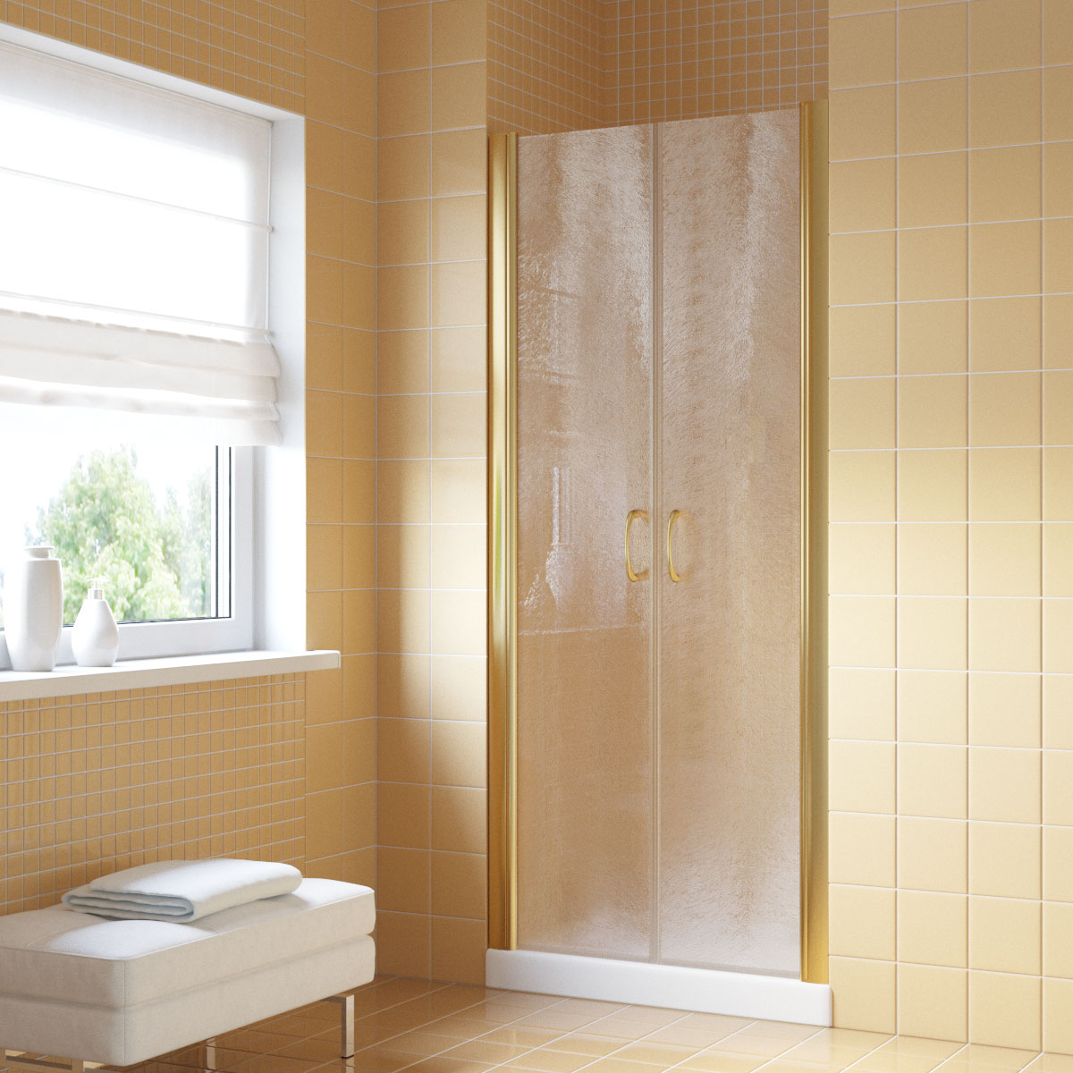 Душевая дверь в нишу Vegas Glass  E2P LUX 120 09 Moru, профиль золото глянцевое, стекло Moru