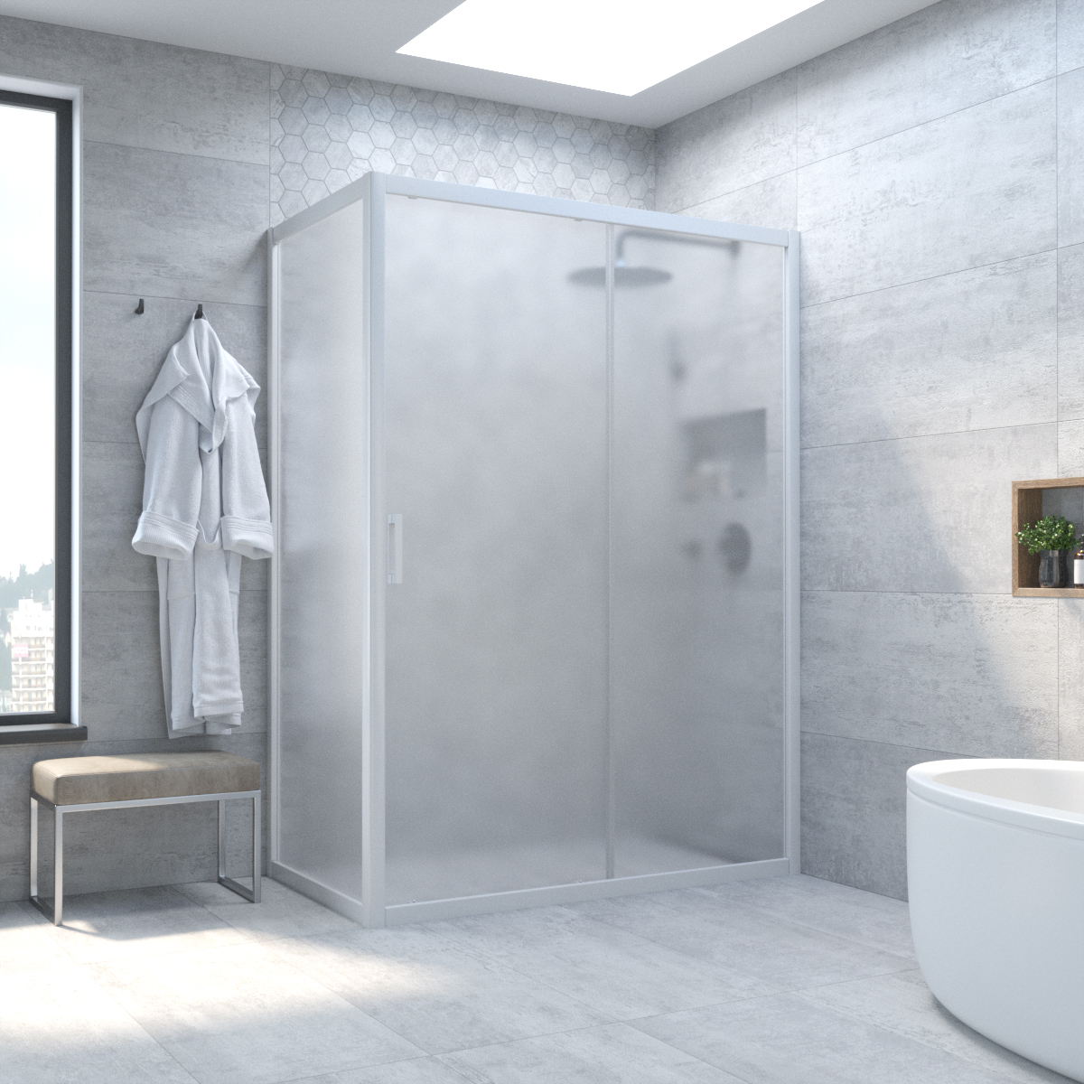 Душевой уголок Vegas Glass ZP+ZPV NOVO 155*75 01 10, профиль белый, стекло сатин