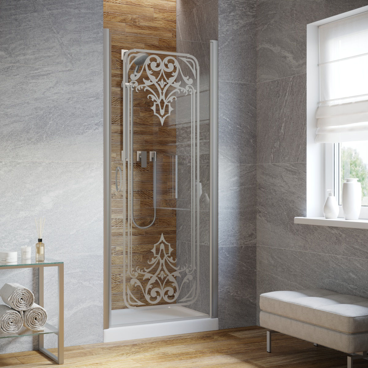 Душевая дверь в нишу Vegas Glass EP LUX 95 07 ARTDECO D1 R, профиль матовый хром, стекло прозрачное, рисунок сатин