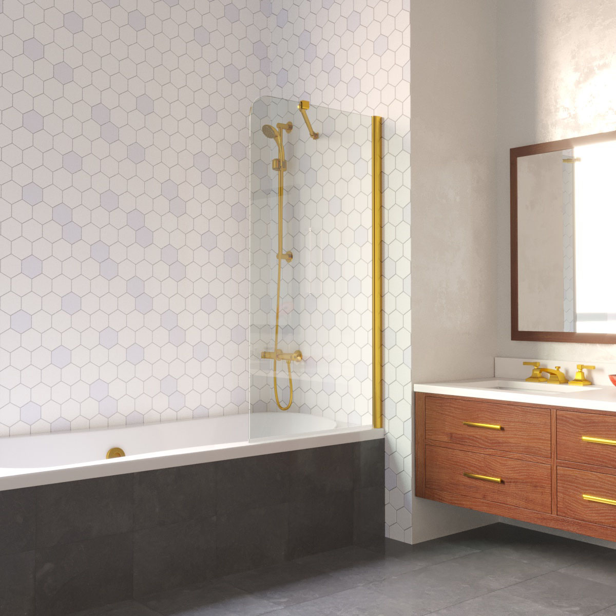 Шторка на ванну Vegas Glass EV LUX ST 76 09 01 R, профиль золото глянцевое, стекло прозрачное