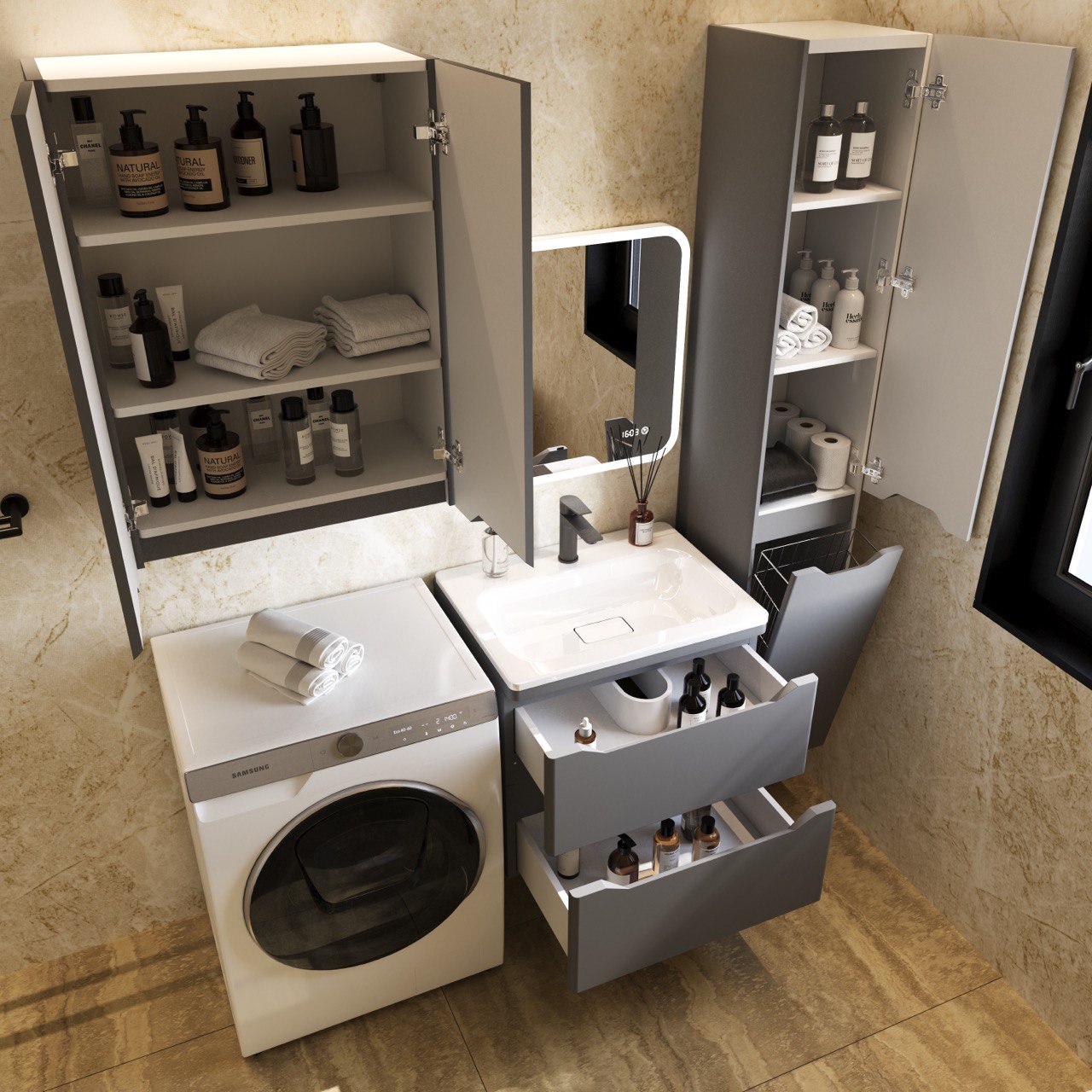 Тумба с раковиной Style Line Марелла 60 2 ящика Люкс антискрейтч серая, Plus подвесная