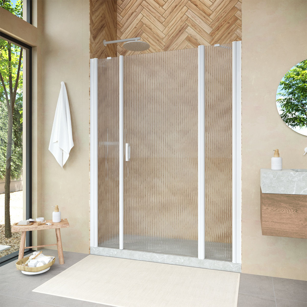 Душевая дверь в нишу Vegas Glass  EP-2F NOVO 195 01 Moru R, профиль белый, стекло Moru