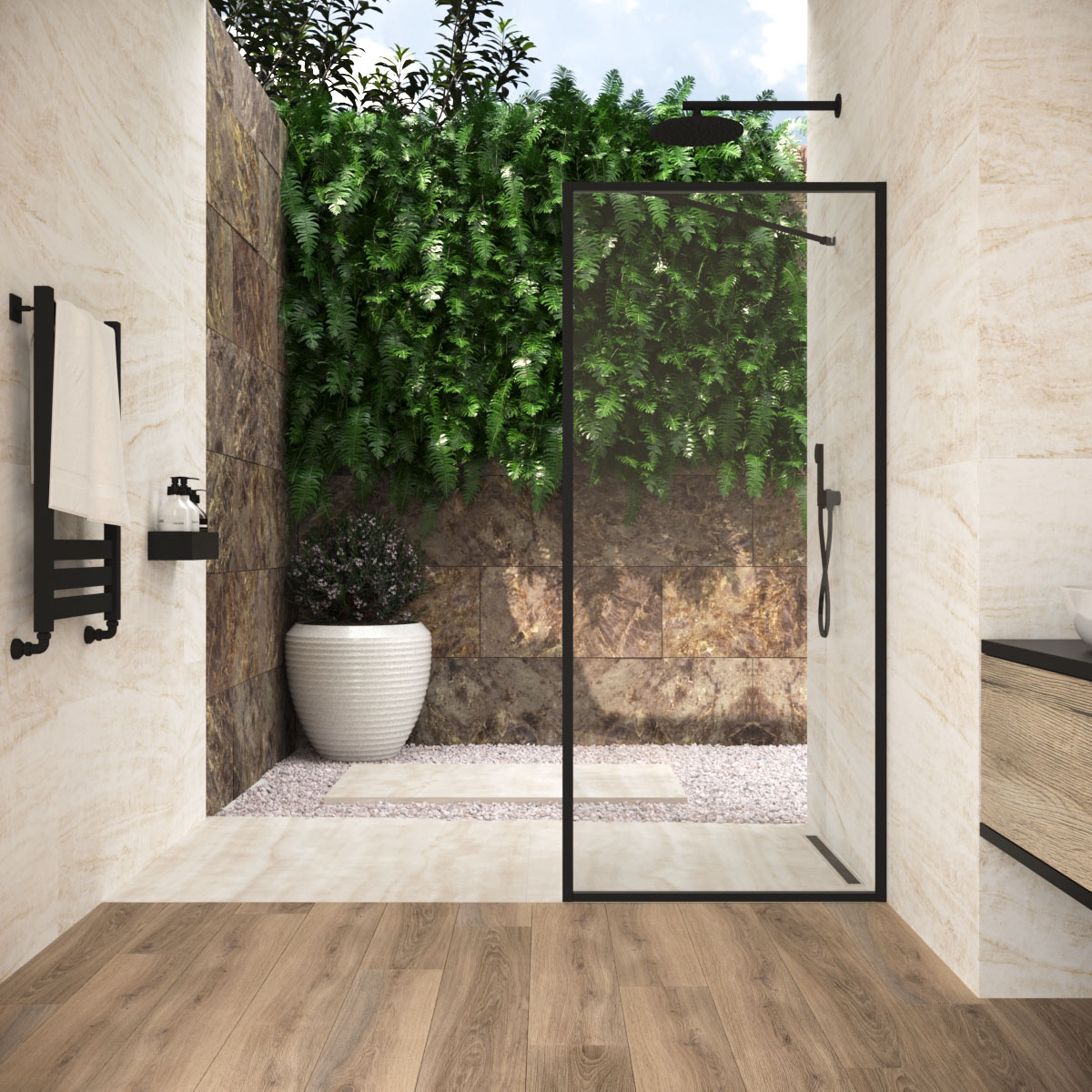 Душевая перегородка Vegas Glass EAF Frame 100 02М 01, профиль черный матовый, стекло прозрачное