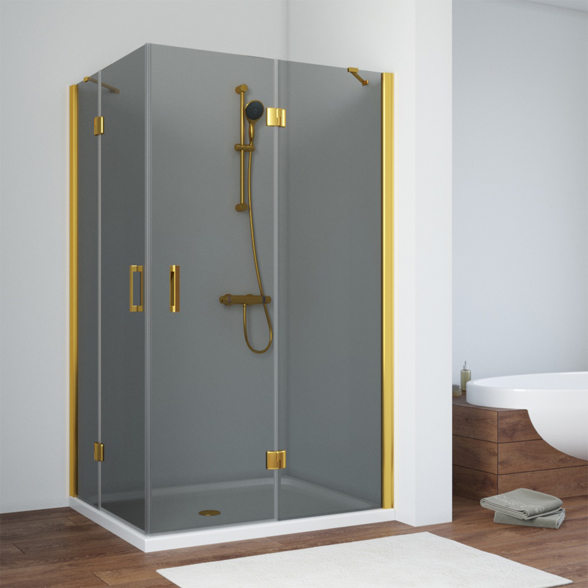 Душевой уголок Vegas Glass AFA-F NOVO 120*100 09 07 R, профиль золото глянцевое, стекло графит