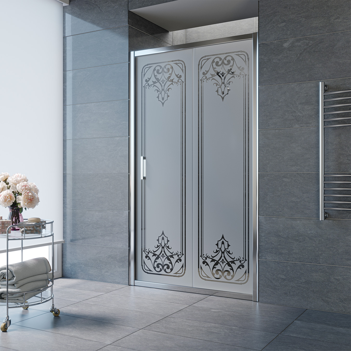 Душевая дверь в нишу Vegas Glass ZP TUR NOVO h1900 175 08 ARTDECO D1, профиль глянцевый хром, стекло сатин, рисунок прозрачный