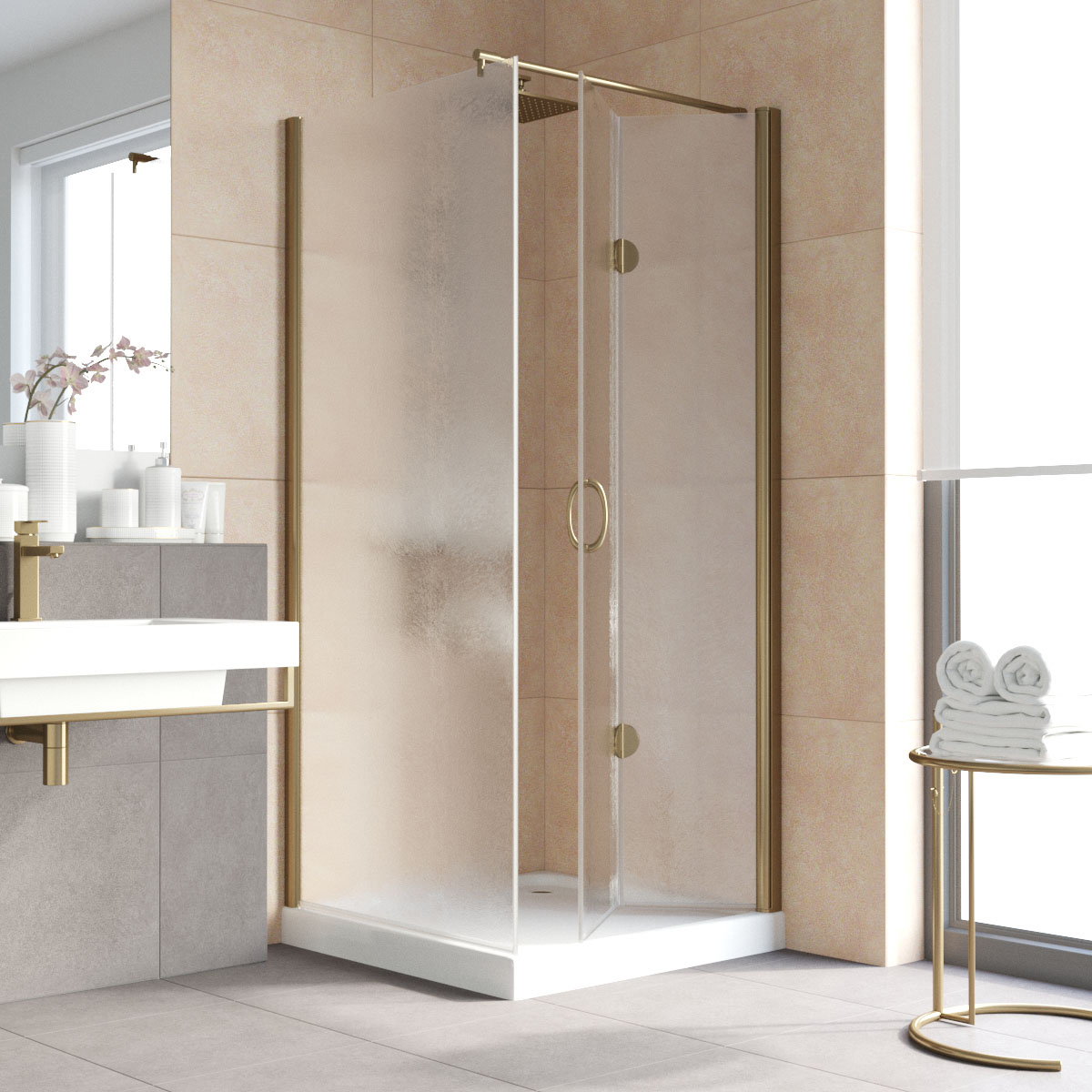 Душевой уголок Vegas Glass GPS-Fis LUX 90*90 05 02 R, профиль бронза, стекло шиншилла