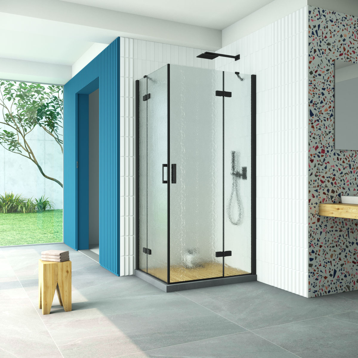 Душевой уголок Vegas Glass AFA-F Retta 90*80 02М 02 R, профиль черный матовый, стекло шиншилла