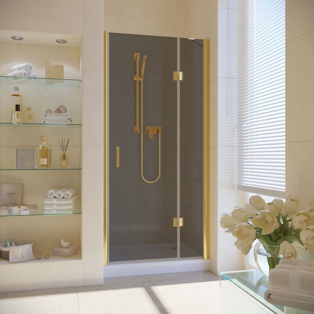 Душевая дверь в нишу Vegas Glass AFP LUX 90 09 07 R, профиль золото глянцевое, стекло графит