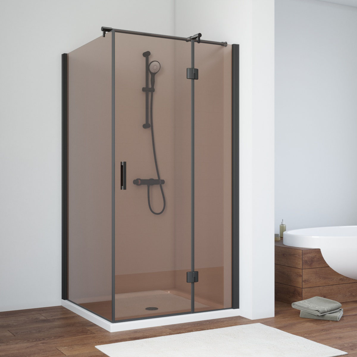 Душевой уголок Vegas Glass AFP-Fis NOVO 110*120 02М 05 R, профиль черный матовый, стекло бронза