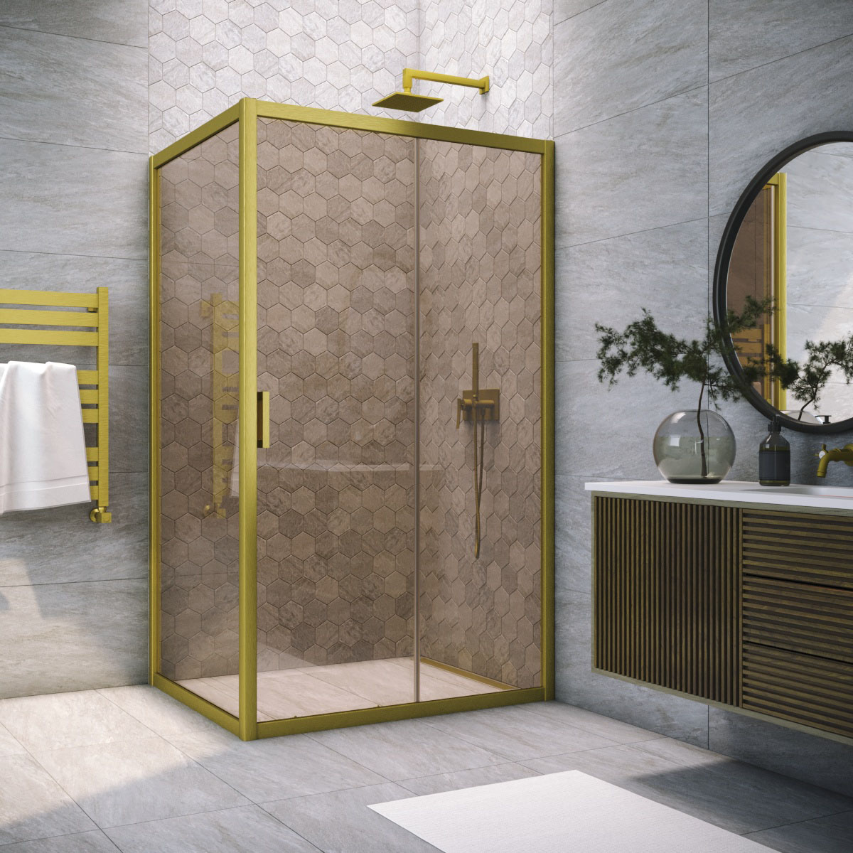 Душевой уголок Vegas Glass ZP+ZPV NOVO h2000 140*100 03 05, профиль золото матовое, стекло бронза