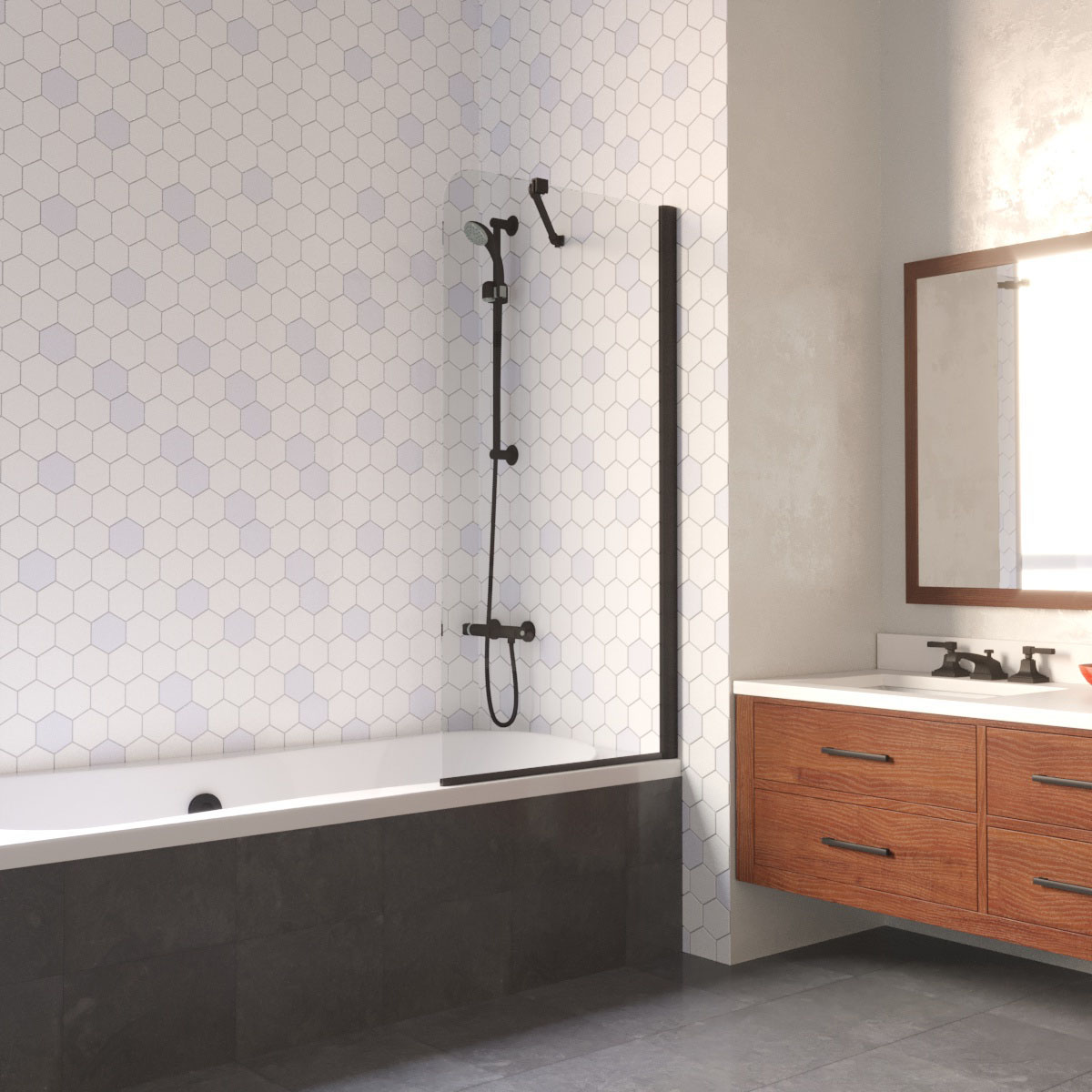 Шторка на ванну Vegas Glass EV LUX ST 76 02М 01 R, профиль черный матовый, стекло прозрачное