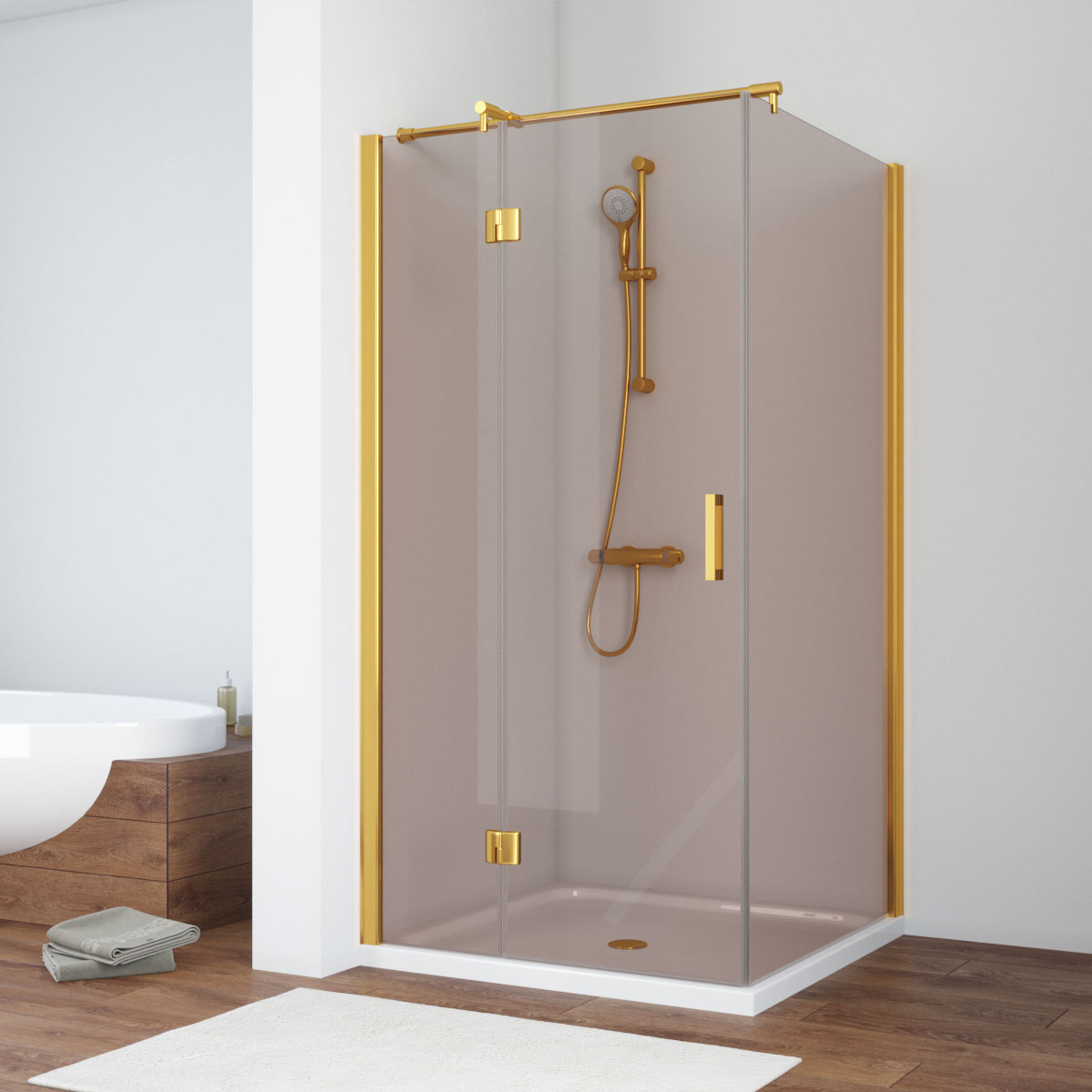 Душевой уголок Vegas Glass AFP-Fis NOVO 110*120 09 05 L, профиль золото глянцевое, стекло бронза