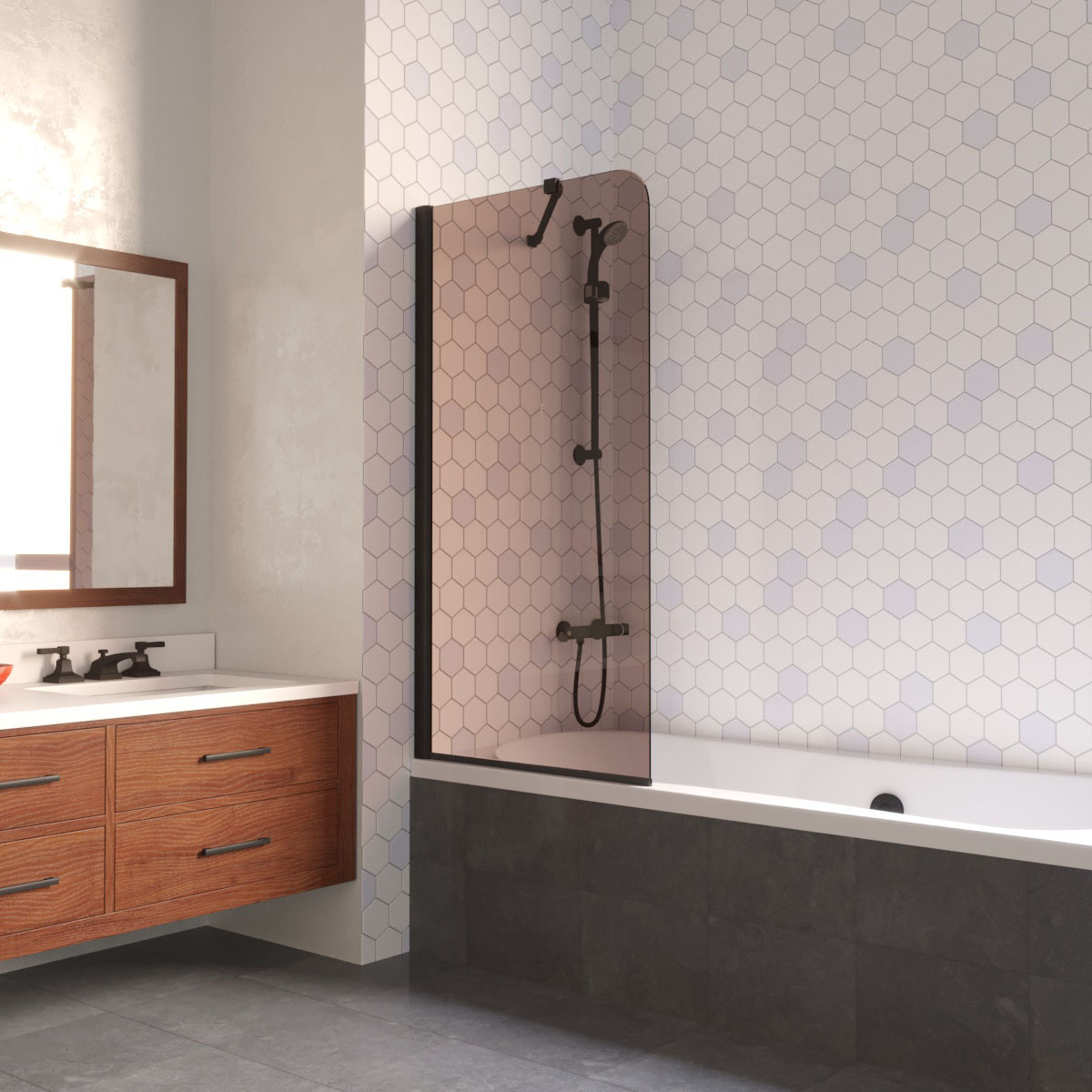 Шторка на ванну Vegas Glass EV LUX ST 76 02М 05 L, профиль черный матовый, стекло бронза