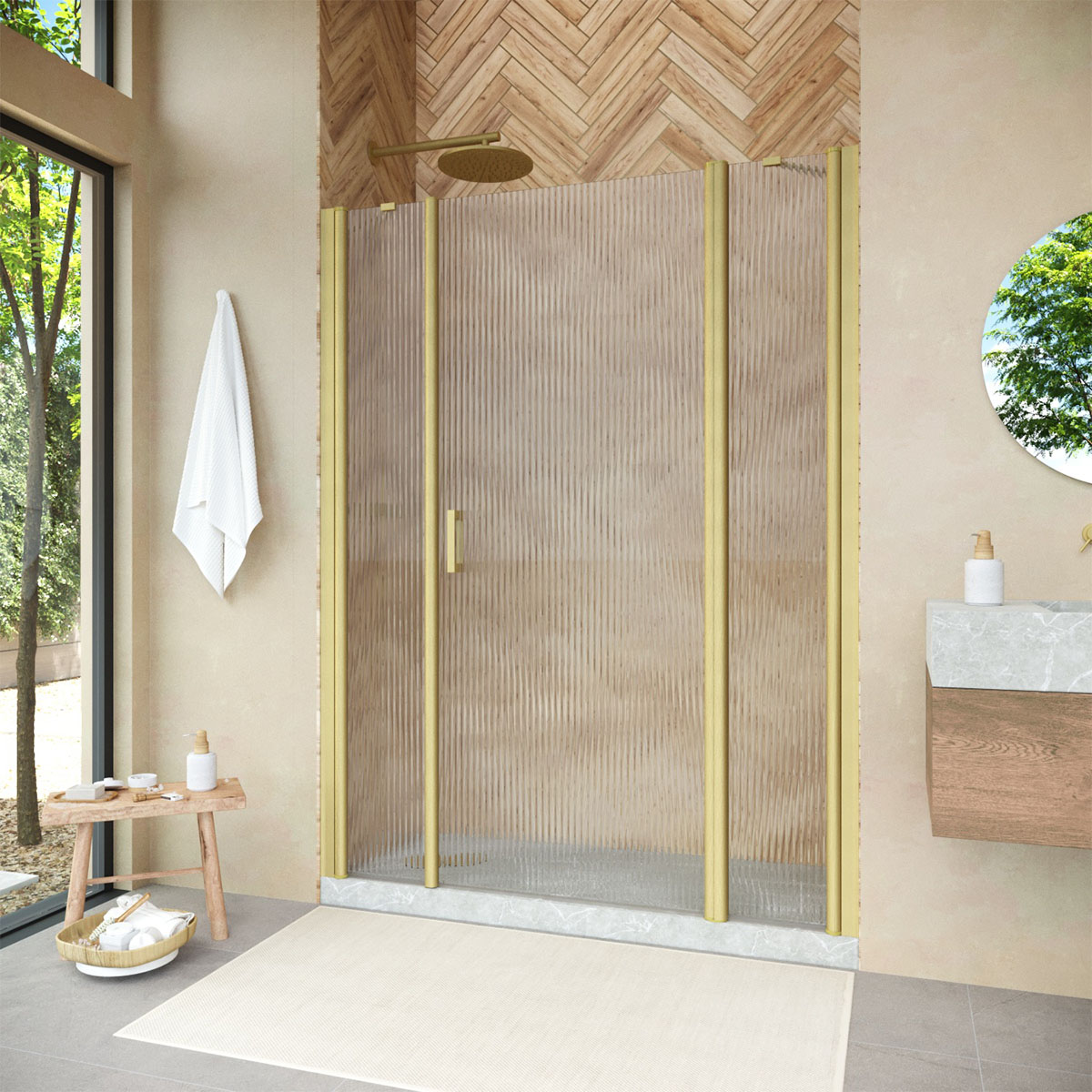 Душевая дверь в нишу Vegas Glass  EP-2F NOVO h2000 180 03 Moru R, профиль золото матовое, стекло Moru