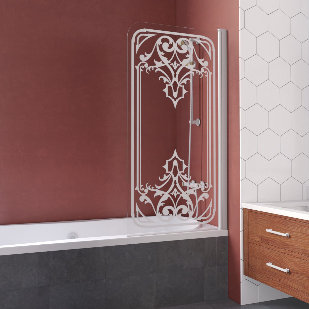 Шторка на ванну Vegas Glass EV LUX 75 01 ARTDECO D2 R, профиль белый, стекло с декором