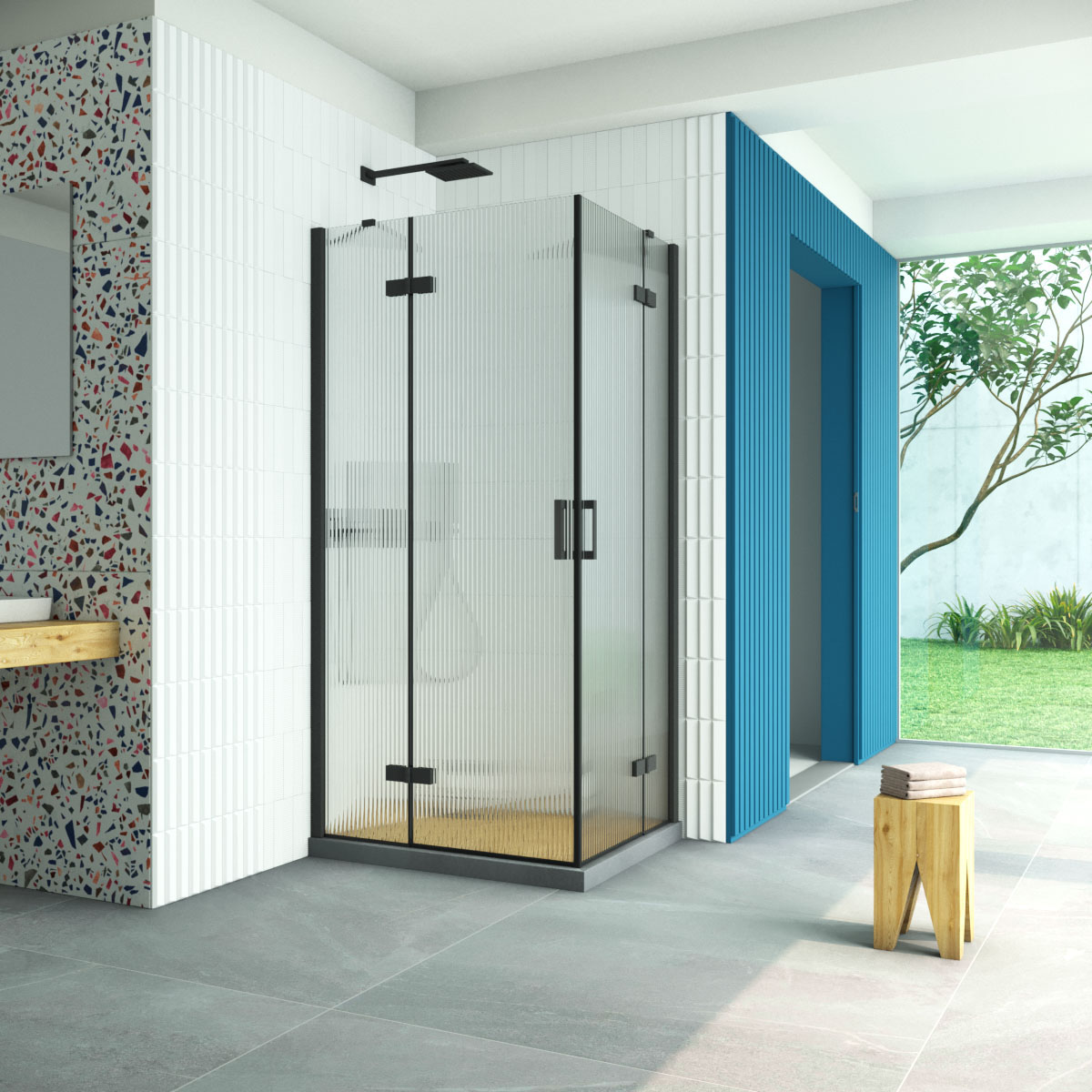 Душевой уголок Vegas Glass AFA-F Retta 100*90 02М Moru L, профиль черный матовый стекло Moru