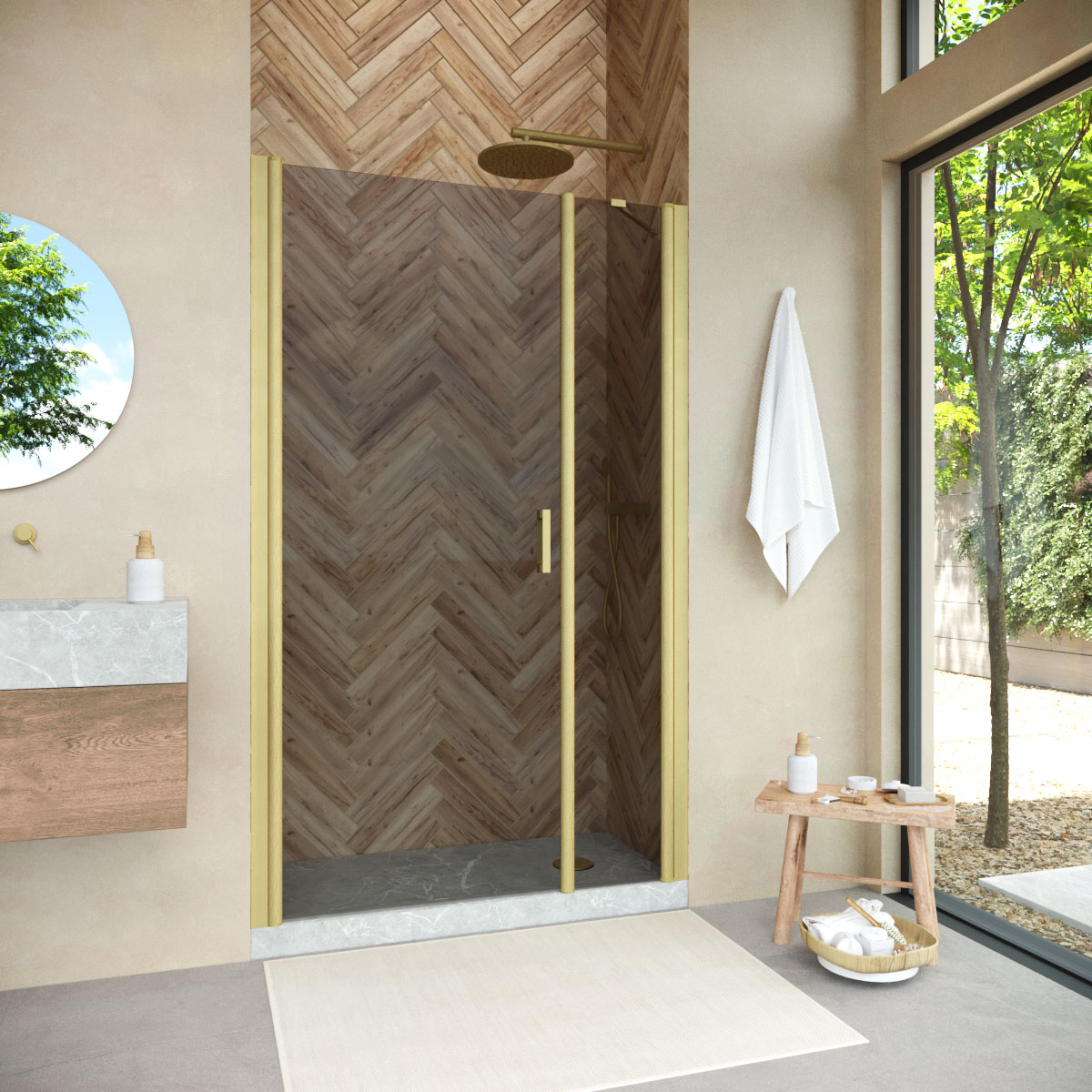 Душевая дверь в нишу Vegas Glass  EP-F-2 NOVO 140 03 07 L, профиль золото матовое, стекло графит