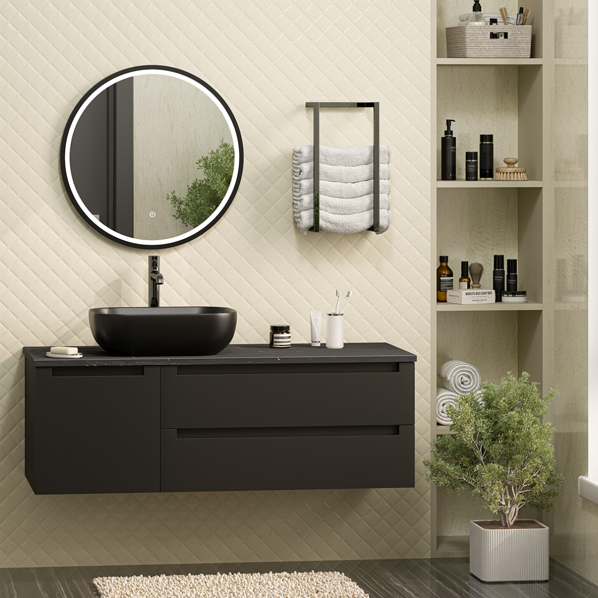 Тумба с раковиной Brevita Cargo 100 черная матовая, подвесная