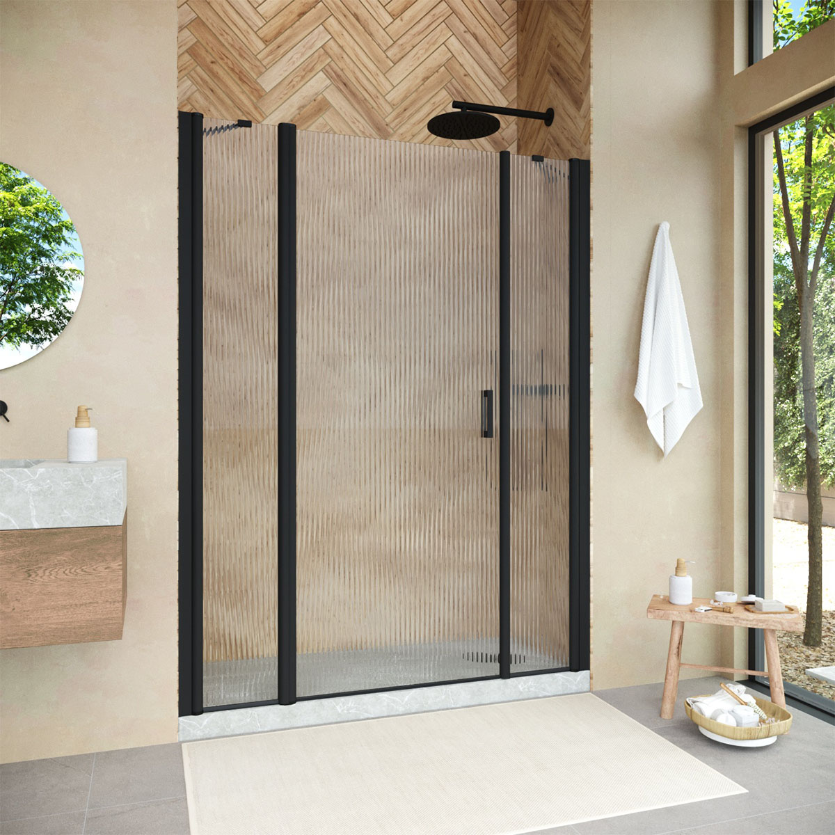 Душевая дверь в нишу Vegas Glass  EP-2F NOVO h2000 215 02М Moru L, профиль черный матовый, стекло Moru