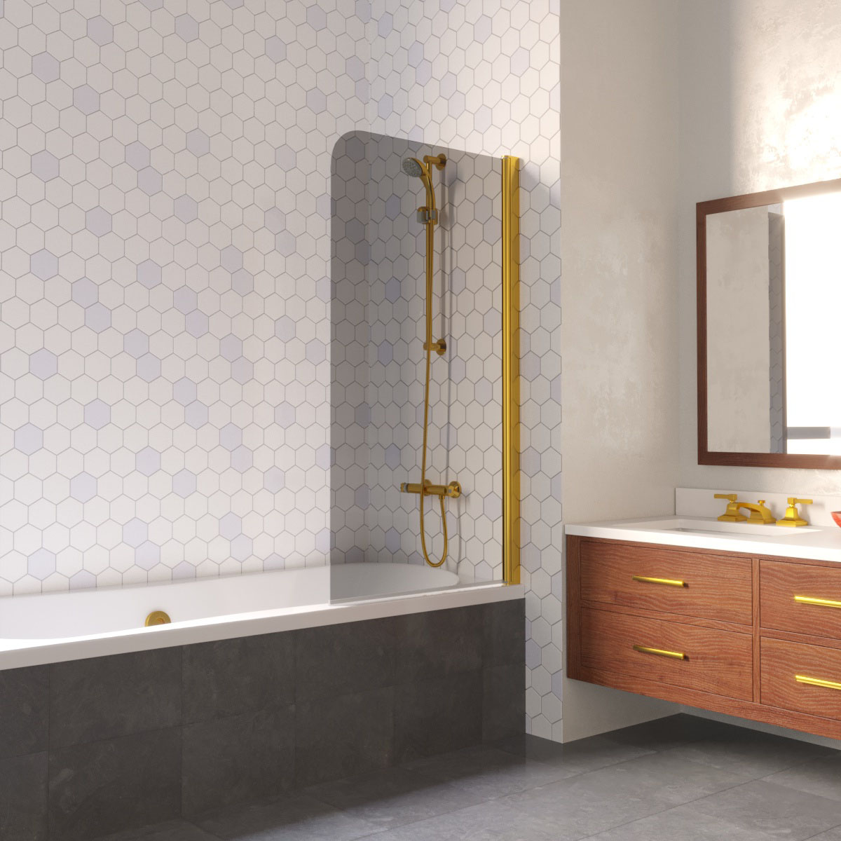 Шторка на ванну Vegas Glass  EV LUX 60 09 07 R, профиль золото глянцевое, стекло графит