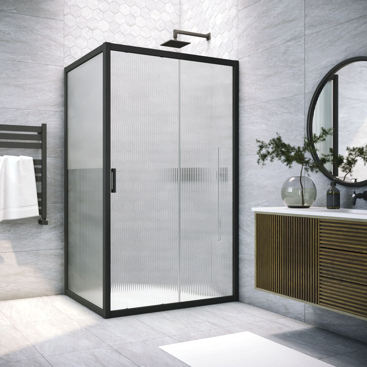 Душевой уголок Vegas Glass ZP+ZPV NOVO h2000 125*95 02М Moru, профиль черный матовый, стекло Moru