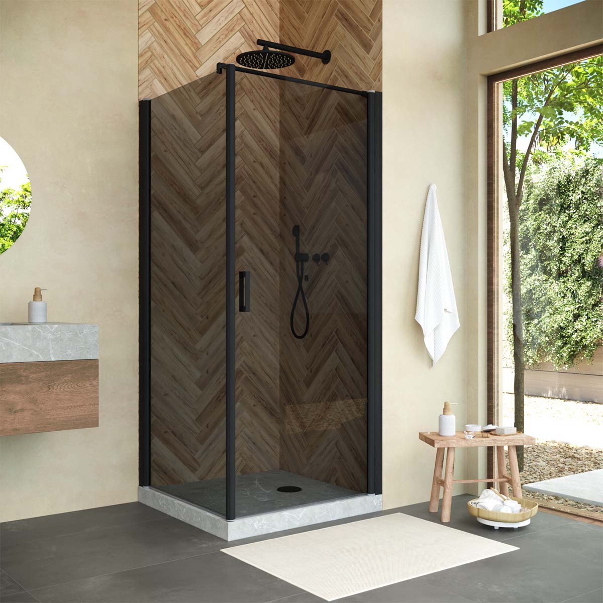 Душевой уголок Vegas Glass EP-FIS NOVO 80 02М 07 R, профиль черный матовый, стекло графит