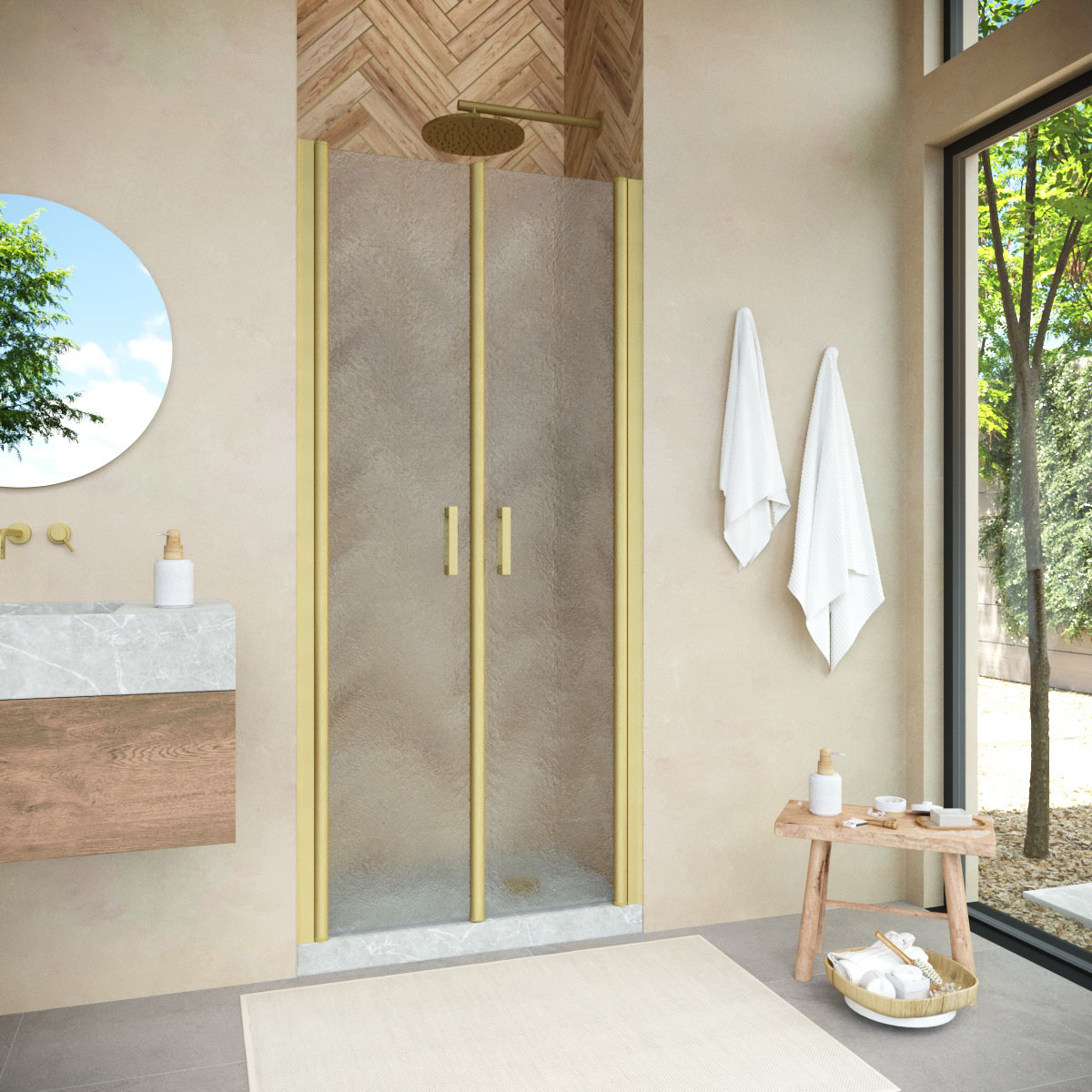Душевая дверь в нишу Vegas Glass  E2P NOVO h2000 95 03 02, профиль золото матовое, стекло шиншилла