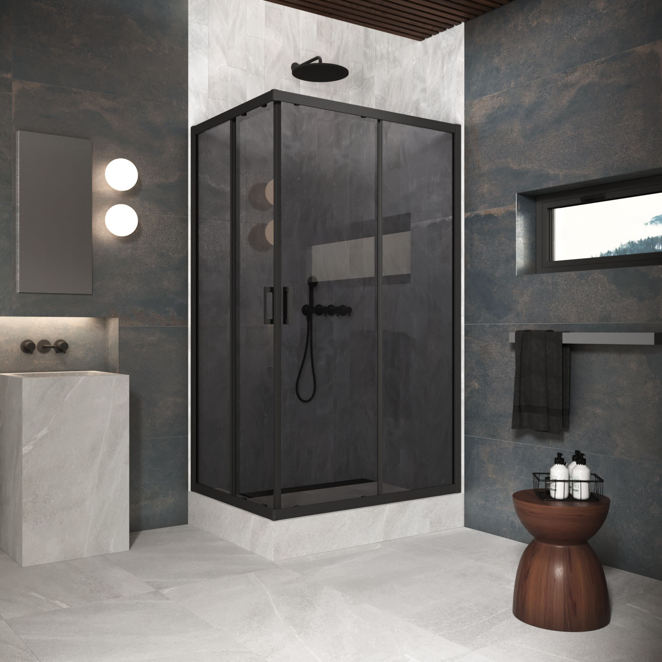 Душевой уголок Vegas Glass ZA-F Protec h1900 120*110 02М 07, профиль черный матовый, стекло графит